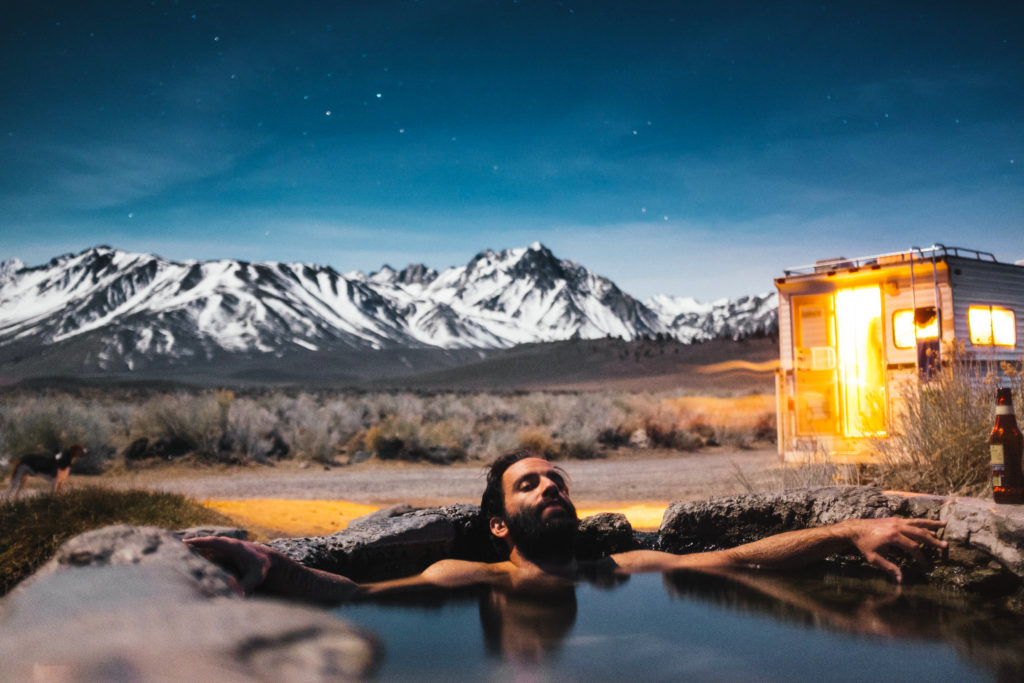 Man who lives in van soaking in hot spring